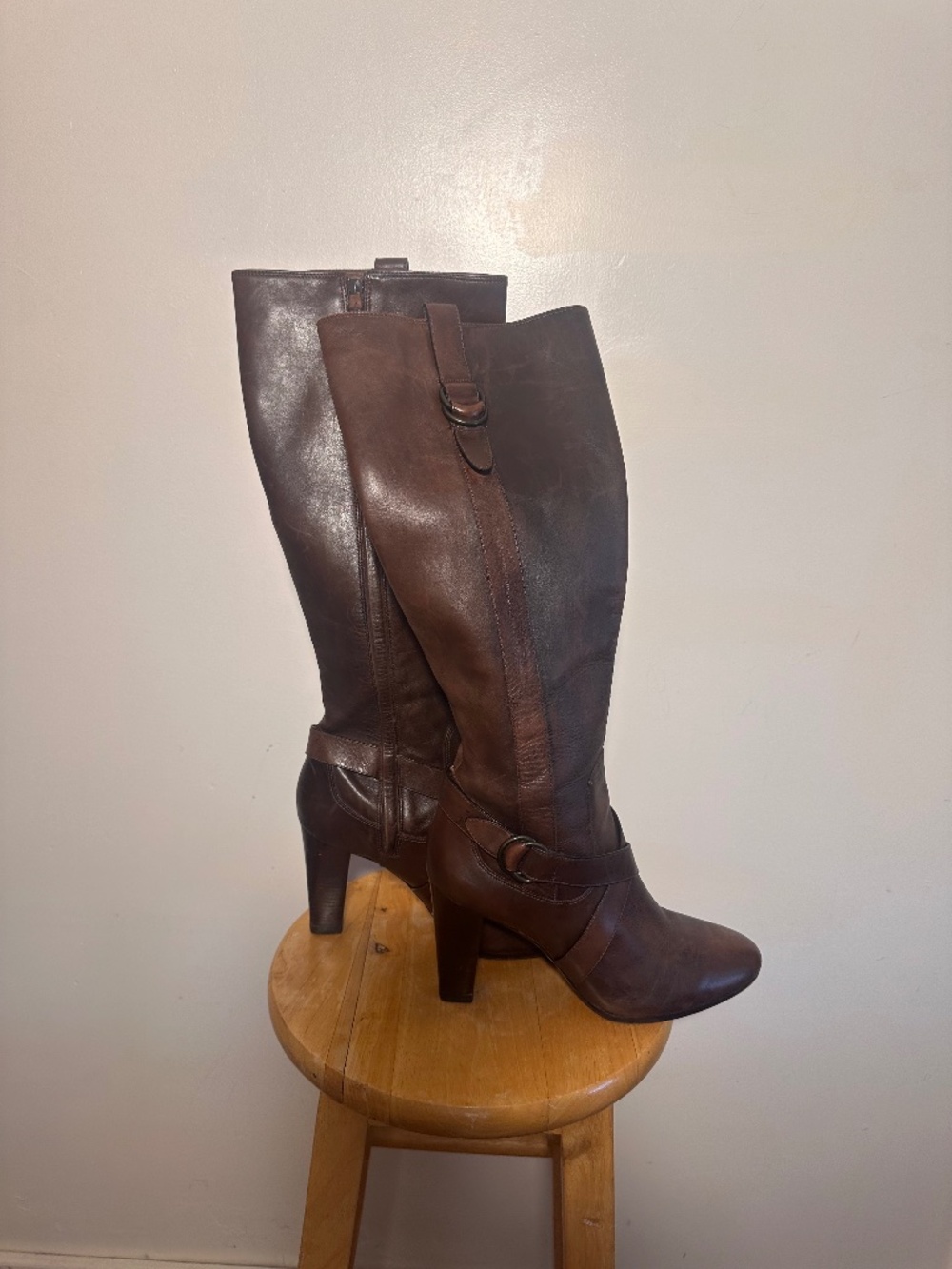 Cole Haan Nike Air Brown Leather Knee High Heeled Boots 9B Buckle Vintage